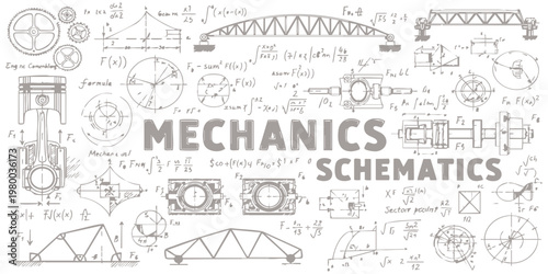 Technical mechanics schematics background with hand drawn engineering diagrams and mathematical formulas vector illustration template