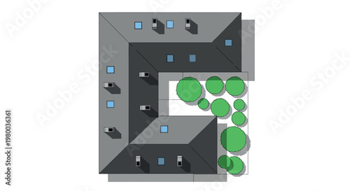 Top view house floor plan with yard and trees isometric layout