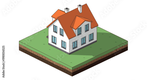 Isometric suburban house illustration with orange roof on land plot