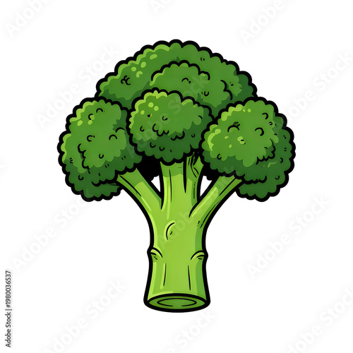 A vibrant cartoon-style broccoli with lush green florets and a thick stem