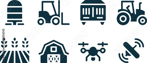 A collection of farm machinery and modern agricultural technology icons for smart farming and cultivation management