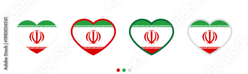 Set of heart shaped Iran flag icons with various border styles, isolated on white background. National symbol of Iran for love, patriotism, travel, and cultural identity. Vector illustration