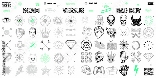 Collage of doodles skulls and text reading scam versus bad boy