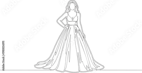 A woman in a long dress with a train.