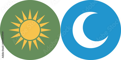 Glowing yellow sun and white crescent moon icons displayed inside circular green and blue frames