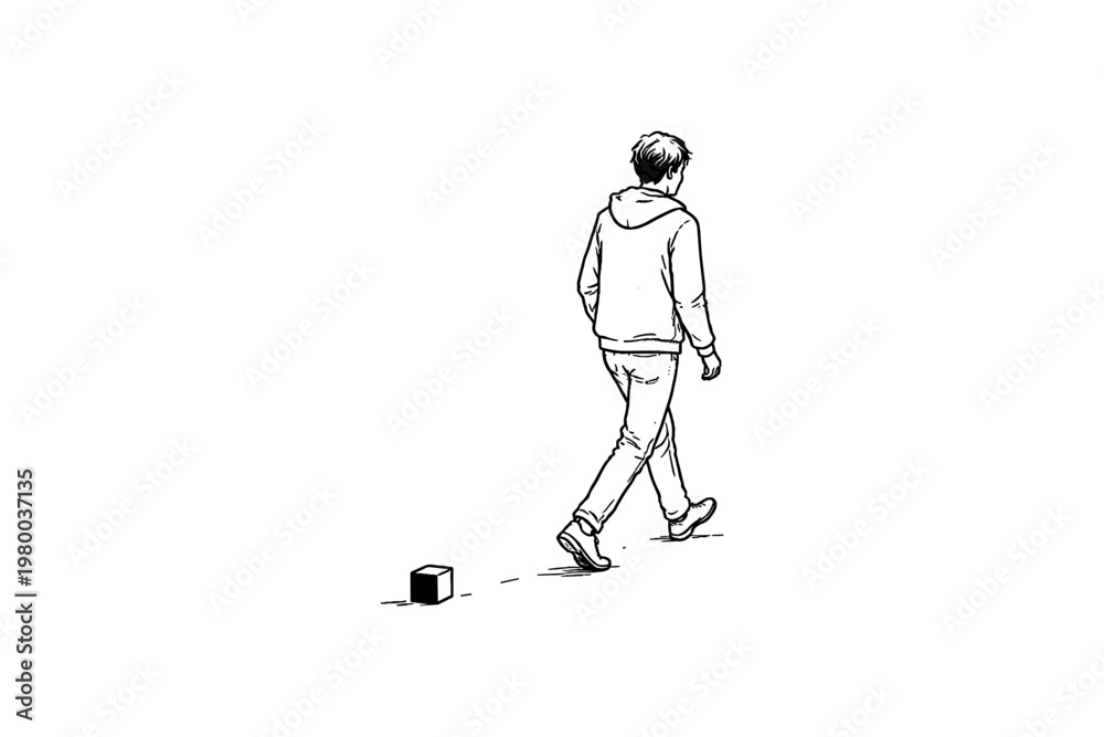 Fototapeta premium Man in hoodie walking away from a small cube on a white background