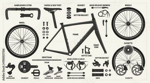 A collection of bicycle parts and components illustrated in a flat monochrome vector style.