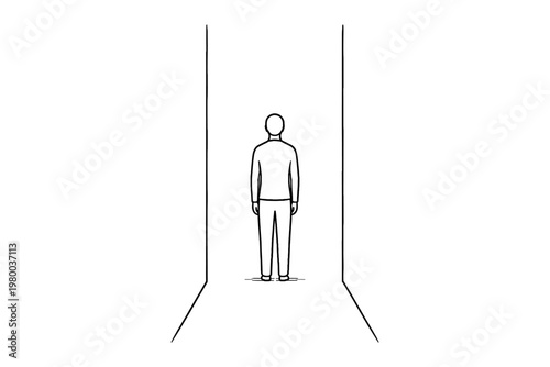 Minimalist illustration of a person standing alone between two converging lines