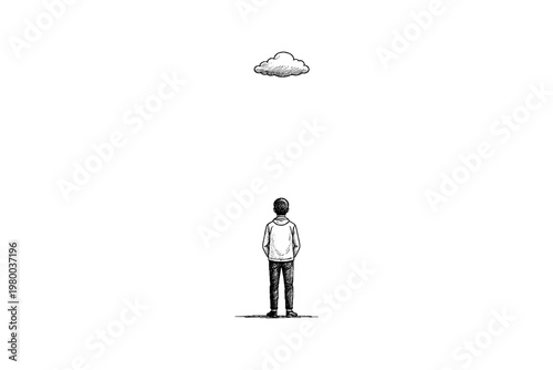Young person standing alone looking up at a single cloud in a vast white space