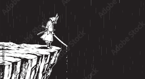 Samurai standing on cliff edge, sword in hand, black and white vector illustration, dramatic rainy night scene