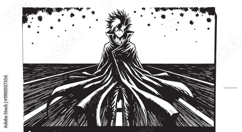 Black and white manga, anime character, dramatic cape, comic book art, illustration