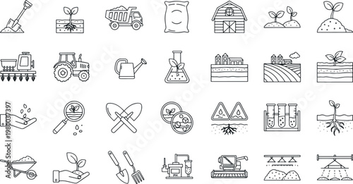Comprehensive agriculture and farming collection featuring gardening tools industrial machinery plant growth stages barn symbols and organic cultivation elements hand drawn vector illustration doodle 