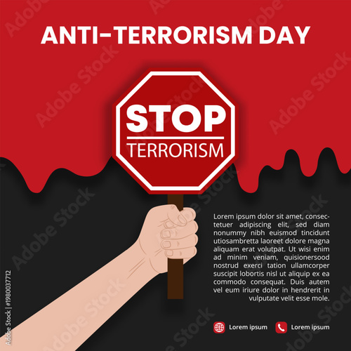 Anti Terrorism Day Design with STOP Terrorism Protest Sign on Dripping Red & Black Background