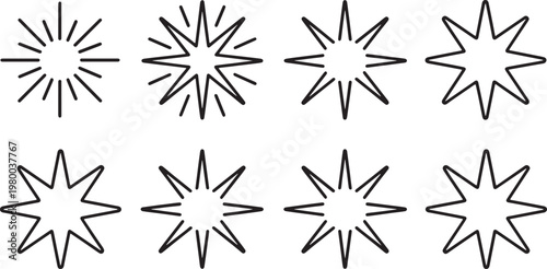 Collection of decorative black line star shapes with various point counts for graphic design elements and night sky art. vector illustration