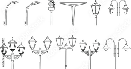 Diverse set of street lamp line art icons including modern and vintage designs for urban lighting and architectural landscape illustrations.