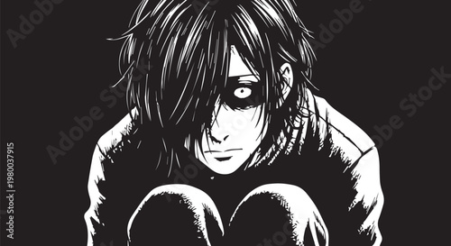 Sad anime boy, manga character, black and white, emotional illustration, vector art