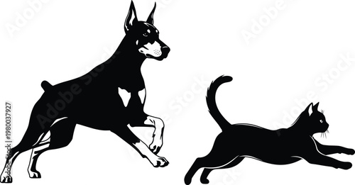 Dog and cat silhouette pet animals illustration, playful domestic pets design isolated, cad drawing flat vector illustration
