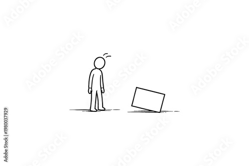 Stick figure looking at a fallen rectangular object on a white background