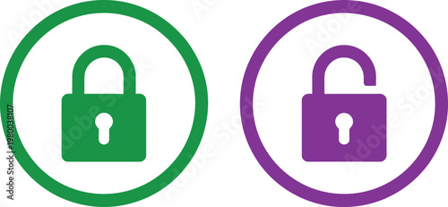 Green and purple circular icons showing locked and unlocked padlocks for security and access control systems