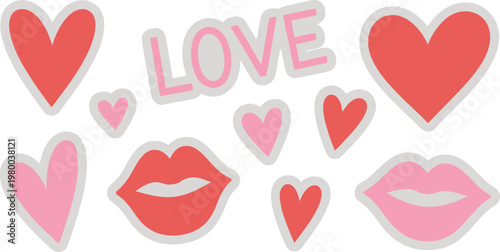 Cute romantic hearts and lips with the word love and copy space for valentine's day and wedding design. vector illustration