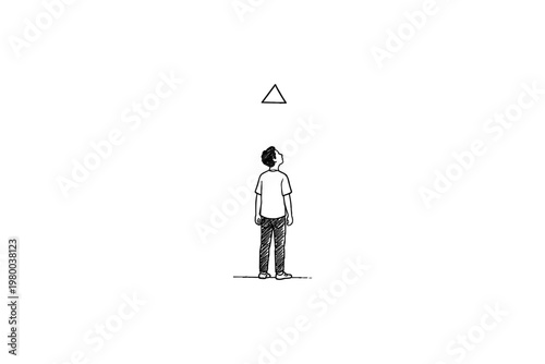 Minimalist drawing of a person looking up at a triangle against a white background