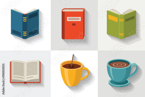 Six flat books and two coffee cups, one open, one closed open book closed book reading literature