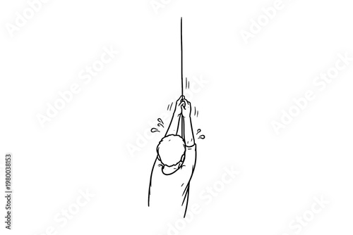 Person desperately climbing up a rope, struggling to hold on