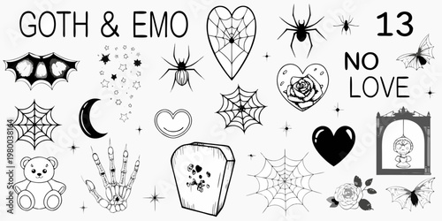 Fotografia Goth and emo themed sticker set with spiders hearts and dark imagery