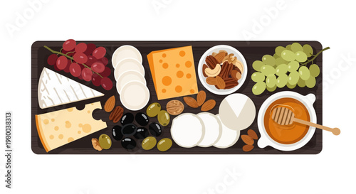 Assorted cheeses grapes nuts and honey on platter.