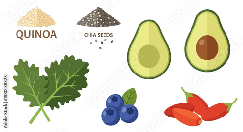 Assorted superfood illustration with avocado kale quinoa chia blueberries and goji.