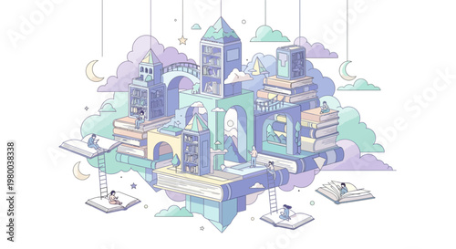 Isometric pastel smart city with connected buildings.