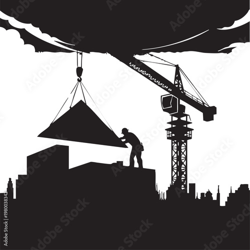 A construction worker on a building site working with a crane against a city skyline background, illustrating industrial or architectural concepts.