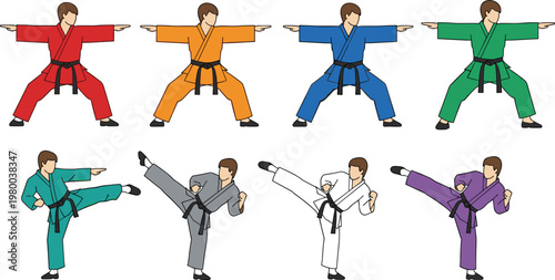 Karate Martial Arts Illustration Set Featuring Various Colored Belts and Poses for Combat, Fitness, and Sports Concepts