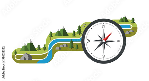 Vector compass with winding river map and forest trail.