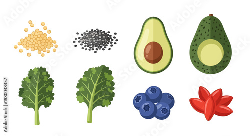 Assorted superfood ingredients with avocado kale blueberries chia and quinoa.