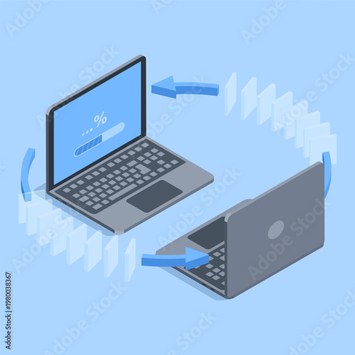 Isometric vector laptops and arrows in a circle, in color on a blue background, data exchange or synchronization