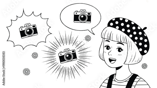 A black and white illustration depicts a smiling woman wearing a beret with camera thoughts.