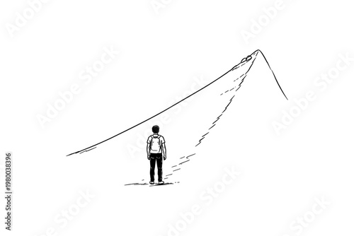 Lone hiker contemplates a steep mountain ascent with a backpack