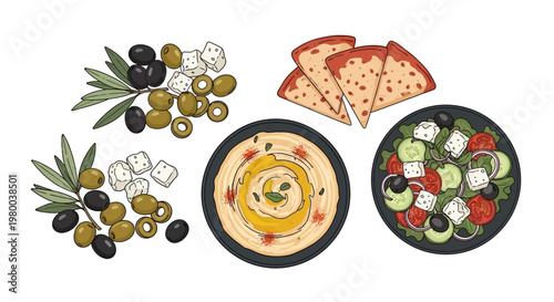 Mediterranean mezze bowls with hummus olives salad pita.