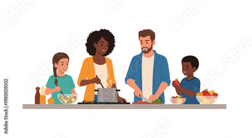 Family cooking together at kitchen counter.