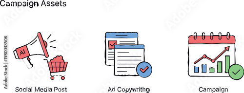 Digital marketing campaign assets with social media posts ad copywriting and performance tracking elements for business promotion and online strategy illustration