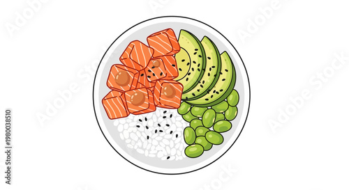 Fresh salmon avocado edamame rice bowl illustration.