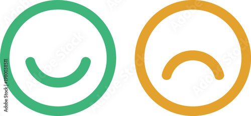 Green happy and yellow sad circular emoticons showing positive and negative emotions for user feedback systems