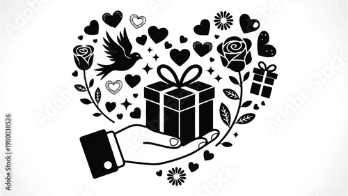 A black and white illustration depicts a hand presenting a gift surrounded by hearts and flowers.