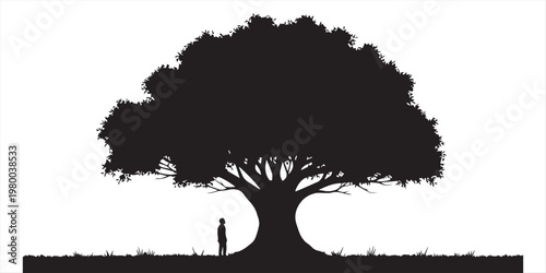 Silhouette of a little girl standing under a large ancient tree.