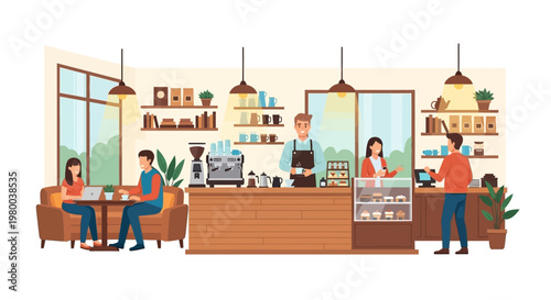 Barista preparing coffee drinks at service counter.