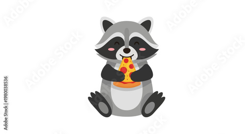 Playful cartoon raccoon happily eating cheesy pizza slice.