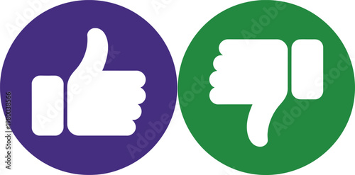 Purple thumbs up and green thumbs down icons representing user feedback and social media choice options