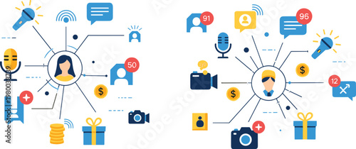 Digital marketing and influencer network vector illustration with social media engagement content creation analytics communication and online branding concept