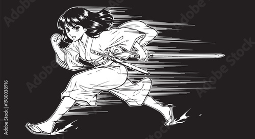 Martial arts, karate girl, dynamic motion, black and white vector